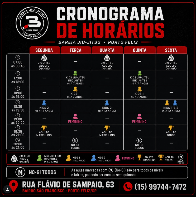 Cronograma semanal de horários da Bareia Porto Feliz