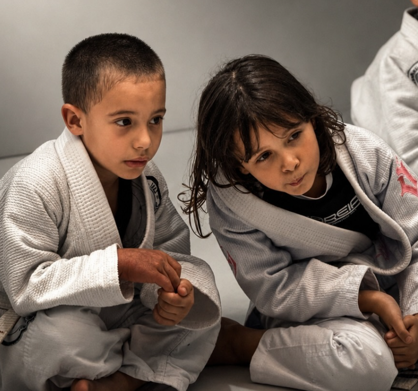 Crianças treinando jiu-jitsu no tatame da Bareia Porto Feliz